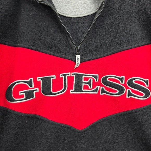 Guess Sweater Mens‎ Medium Black Red Fleece Spellout 1/4 Zip Vintage Y2K - Picture 4 of 13